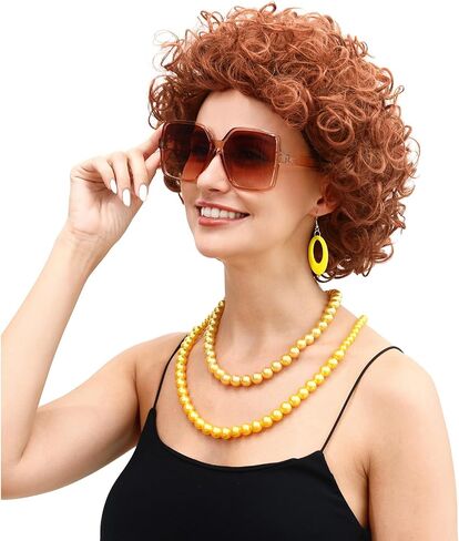 Mrs Rope Short Curly Red Brown Wig and Glasses Jewelry Set, for Women Wig Costume accessory, Halloween Party Dress (Pink) in Saudi Arabia