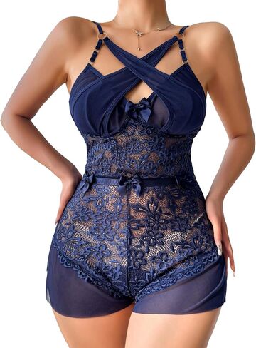 OYOANGLE Women's Mesh Sheer Floral Lace Criss Cross Cut Out Skinny Romper Lingerie Sleepwear in Saudi Arabia