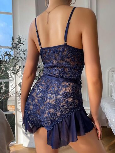 OYOANGLE Women's Mesh Sheer Floral Lace Criss Cross Cut Out Skinny Romper Lingerie Sleepwear in Saudi Arabia