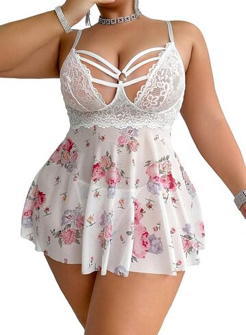 JuicyRose Women Plus Size Lace Lingerie Flower Print Nightwear Hollow Out Babydoll Chemise Sleepwear in Saudi Arabia