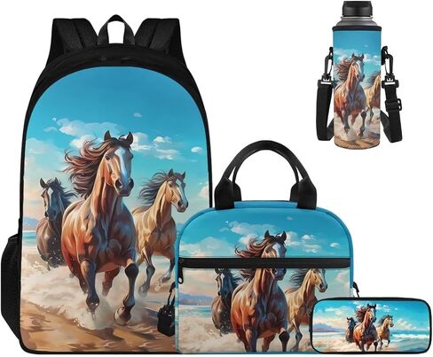 Horse School Backpack Set 4 Packs with Lunch Box Pencil Case Water Bottle Holder Big Capacity Casual Kids Backpack for Kindergarten Preschool Elementary School Students in Kuwait