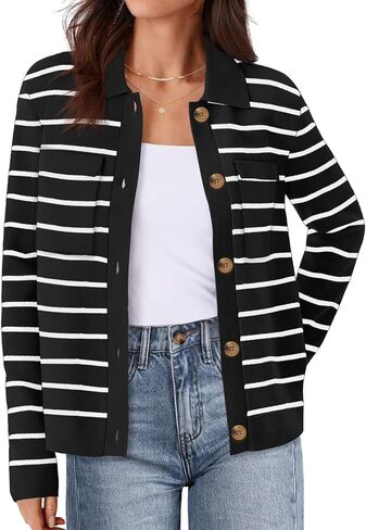 MEROKEETY Women's 2024 Fall Knit Striped Long Sleeve Sweater Open Front Button Down Cardigan in Saudi Arabia