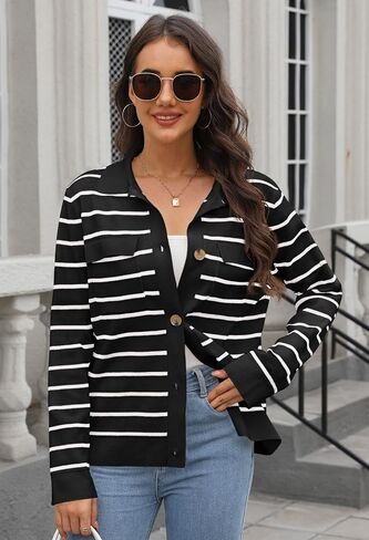 MEROKEETY Women's 2024 Fall Knit Striped Long Sleeve Sweater Open Front Button Down Cardigan in Saudi Arabia