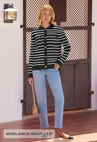 MEROKEETY Women's 2024 Fall Knit Striped Long Sleeve Sweater Open Front Button Down Cardigan in Saudi Arabia