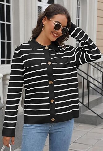 MEROKEETY Women's 2024 Fall Knit Striped Long Sleeve Sweater Open Front Button Down Cardigan in Saudi Arabia