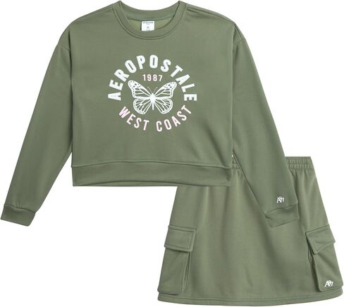 AEROPOSTALE Girls' Skort Set - Fleece Crew Neck Pullover Sweatshirt and Cargo Scooter Skort - Fashion Outfit for Girls, 4-12 in Saudi Arabia