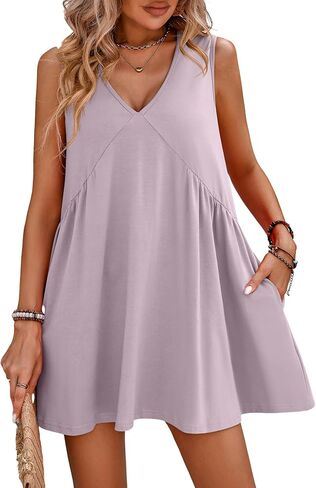 Womens Summer Sleeveless Mini Dress Casual Loose V Neck Pleated Flowy Babydoll Beach Sundress with Pockets in Saudi Arabia