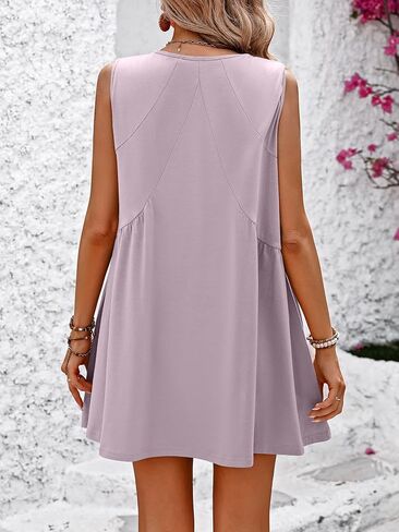 Womens Summer Sleeveless Mini Dress Casual Loose V Neck Pleated Flowy Babydoll Beach Sundress with Pockets in Saudi Arabia
