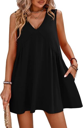 Womens Summer Sleeveless Mini Dress Casual Loose V Neck Pleated Flowy Babydoll Beach Sundress with Pockets in Saudi Arabia