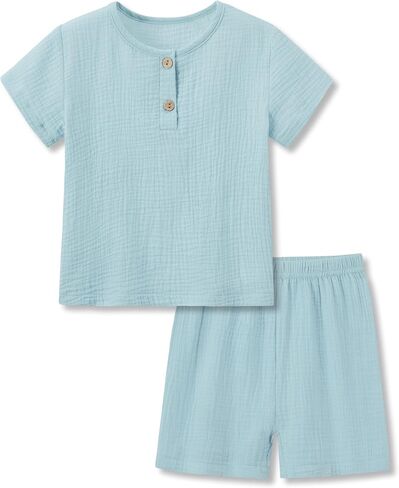 Beezizac 100% Cotton Crinkle Gauze Pajamas for Toddler Boys & Girls Unisex Baby Summer Henley 2-Piece Outfit 2T-5T in Saudi Arabia