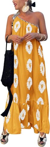 PRETTYGARDEN Women's Summer One Shoulder Spaghetti Strap Dresses Printed A Line Flowy Boho Beach Vacation Maxi Long Sundress in Saudi Arabia