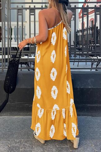 PRETTYGARDEN Women's Summer One Shoulder Spaghetti Strap Dresses Printed A Line Flowy Boho Beach Vacation Maxi Long Sundress in Saudi Arabia