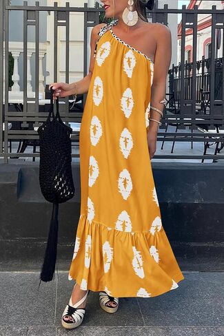 PRETTYGARDEN Women's Summer One Shoulder Spaghetti Strap Dresses Printed A Line Flowy Boho Beach Vacation Maxi Long Sundress in Saudi Arabia