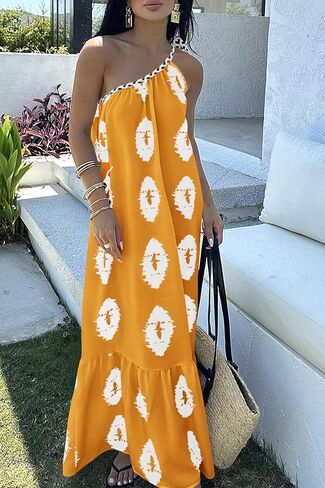PRETTYGARDEN Women's Summer One Shoulder Spaghetti Strap Dresses Printed A Line Flowy Boho Beach Vacation Maxi Long Sundress in Saudi Arabia