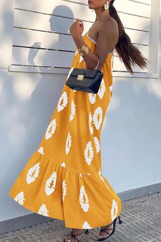 PRETTYGARDEN Women's Summer One Shoulder Spaghetti Strap Dresses Printed A Line Flowy Boho Beach Vacation Maxi Long Sundress in Saudi Arabia