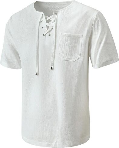 Mens Renaissance Costume Shirts,Medieval Lace Up Short Sleeve Viking Beach Hippie Shirts in Saudi Arabia