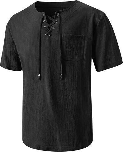 Mens Renaissance Costume Shirts,Medieval Lace Up Short Sleeve Viking Beach Hippie Shirts in Saudi Arabia