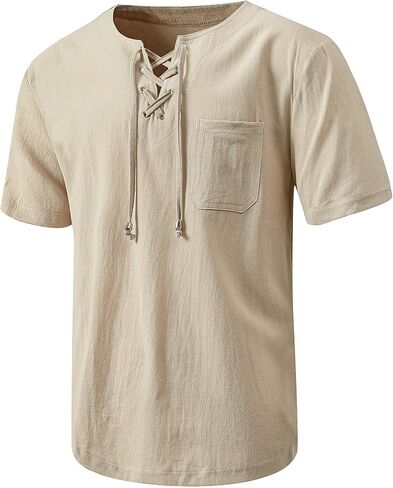 Mens Renaissance Costume Shirts,Medieval Lace Up Short Sleeve Viking Beach Hippie Shirts in Saudi Arabia