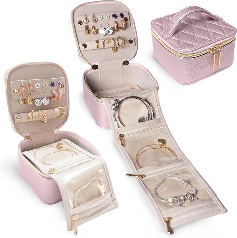 Travel Jewelry Case Organizer - Anti Tangle Storage Organizer - Leather Travel Jewelry Organizer - Portable Jewelry Travel Case - Jewelry Box - Jewelry Travel Case For Women (Pearl Pink) in Saudi Arabia
