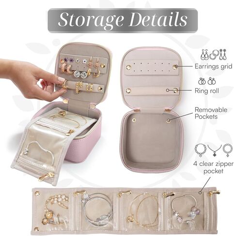 Travel Jewelry Case Organizer - Anti Tangle Storage Organizer - Leather Travel Jewelry Organizer - Portable Jewelry Travel Case - Jewelry Box - Jewelry Travel Case For Women (Pearl Pink) in Saudi Arabia