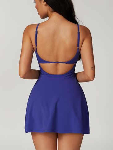 ABOCIW Womens Square Neck Tennis Dress with Shorts Spaghetti Strap Backless Workout Side Slit Athletic Golf Dresses in Saudi Arabia