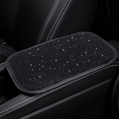U&M Bling Bling Auto Armrest Console Cushion, Soft Plush Luster Crystal Arm Rest Padding Protective Case Diamond Car Decor Accessories for Women (Black-Leather) in Saudi Arabia