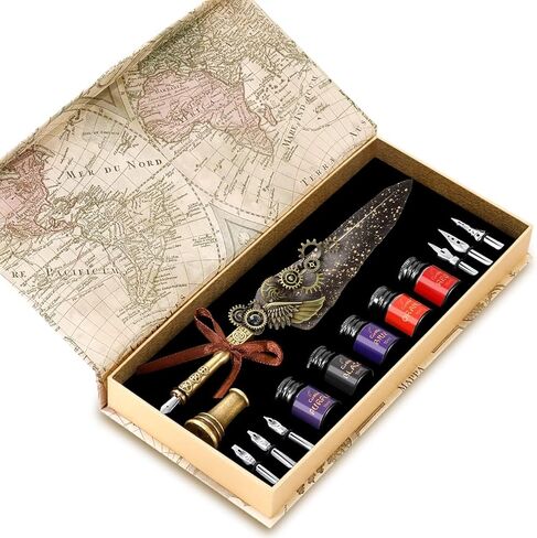 مجموعة حبر قلم ريشة عتيقة - قلم ريشة ميكانيكي، مجموعة حبر قلم خط 5 ألوان، 6 أقلام غمس قابلة للاستبدال - مجموعة الخط الأساسية للمبتدئين ومحبي الخط (أسود) in Kuwait