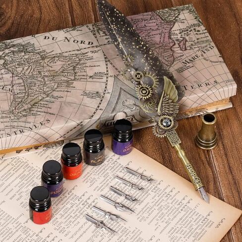 مجموعة حبر قلم ريشة عتيقة - قلم ريشة ميكانيكي، مجموعة حبر قلم خط 5 ألوان، 6 أقلام غمس قابلة للاستبدال - مجموعة الخط الأساسية للمبتدئين ومحبي الخط (أسود) in Kuwait