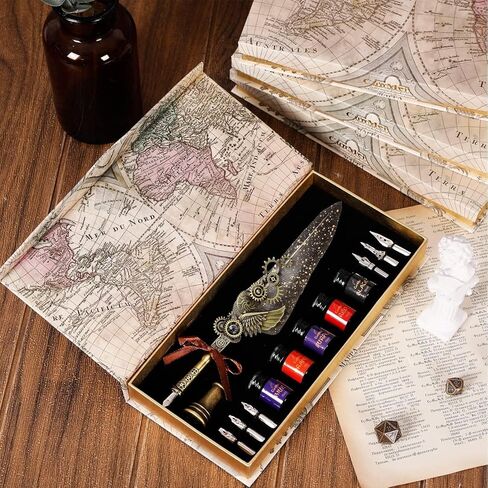 مجموعة حبر قلم ريشة عتيقة - قلم ريشة ميكانيكي، مجموعة حبر قلم خط 5 ألوان، 6 أقلام غمس قابلة للاستبدال - مجموعة الخط الأساسية للمبتدئين ومحبي الخط (أسود) in Kuwait