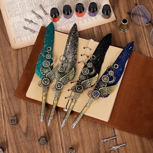 مجموعة حبر قلم ريشة عتيقة - قلم ريشة ميكانيكي، مجموعة حبر قلم خط 5 ألوان، 6 أقلام غمس قابلة للاستبدال - مجموعة الخط الأساسية للمبتدئين ومحبي الخط (أسود) in Kuwait