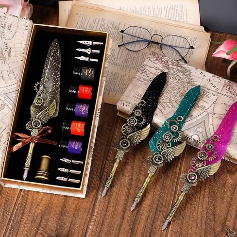 مجموعة حبر قلم ريشة عتيقة - قلم ريشة ميكانيكي، مجموعة حبر قلم خط 5 ألوان، 6 أقلام غمس قابلة للاستبدال - مجموعة الخط الأساسية للمبتدئين ومحبي الخط (أسود) in Kuwait