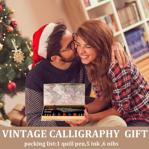 مجموعة حبر قلم ريشة عتيقة - قلم ريشة ميكانيكي، مجموعة حبر قلم خط 5 ألوان، 6 أقلام غمس قابلة للاستبدال - مجموعة الخط الأساسية للمبتدئين ومحبي الخط (أسود) in Kuwait