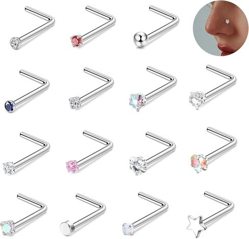 15Pcs 20G Nose Rings Surgical Steel Nose Studs 18G L Shaped Nose Stud Gold Nose Ring Stud CZ Opal Nose Ring Heart Cute Nose Rings L Star Nose Piercing for Women Men in Kuwait