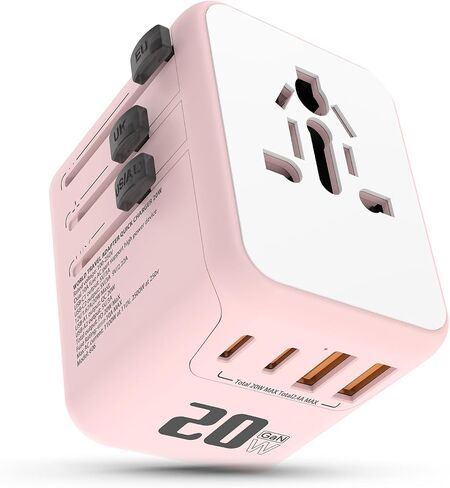Universal Travel Power Adapter, PD 20W International Power Plug Adapter with 2 USB-C & 2-USB A Ports, Worldwide Wall Charger for US EU UK AUS (Pink) in Saudi Arabia