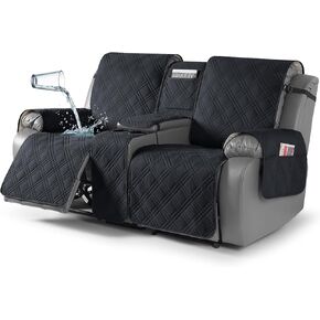 TAOCOCO Waterproof Loveseat Recliner Cover with Console, Non-Slip Reclining Loveseat with Console Cover with Pocket, Split Recliner Sofa Covers Furniture Protector for Pets Dogs(2 Seater, Black)