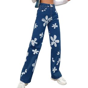 Women's Flower Print Y2K Fashion Wide Leg High Waist Denim Pants Boyfriend Jeans Loose Fit Vintage Jeans for Teen Girls