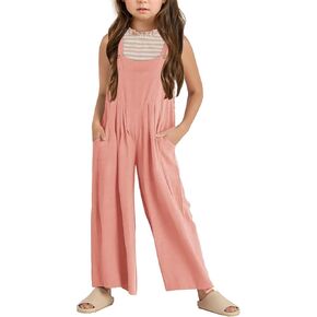 JiAmy Girls Overalls Kids Casual Sleeveless Wide Leg Jumpsuit Loose Rompers with Pockets 5-12 Years in Kuwait