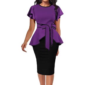 فستان الكنيسة للنساء، فستان عتيق بأكمام مكشكشة، فستان ضيق للعمل، فساتين بيبلوم متوسطة الطول للعمل in Kuwait