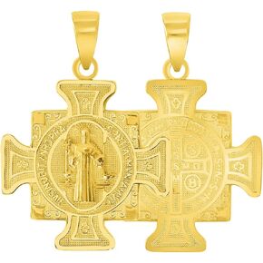 Solid 14k Yellow Gold Cross of Holy Father Saint Benedict Pendant (Reversible)