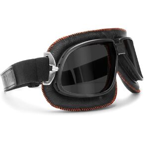 Bertoni Vintage Motorcycle Goggles Dark Lenses Black Leather w Orange Stitching Italy AF196A Motorbike Aviator Goggles