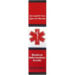 General Medical Alert Help Belt 9" Medical Alert Seat Belt Cover with Inside Pocket, Medical Form and Online Fillable Forms. (Red/White)