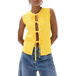Women Y2K Crochet Vest Top Tie Front Knit Sleeveless Tank Top V Neck Button Down Crop Top Streetwear(H-Knittd Tank Vest Top Yellow,L)