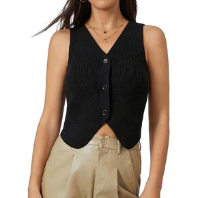 Women Knit Sweater Vest Tops Y2k Button Front V-Neck Sleeveless Crochet Going Out Tank Top Streetwear