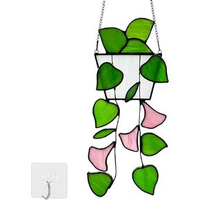Stained Glass Window Hanging, Suncatcher, Hummingbird Stained Glass Window Hangings Handmade, Sun Catcher for Home Window (Green & Pink Plants)