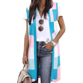 ZXZY Womens Sleeveless Cardigan Fashion Contrast Color Block Plaid Cute Lightweight Knit Long Vest