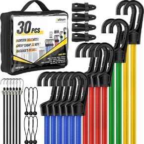 Bungee Cords with Hooks,30 PCS Bungee Cords Assorted Sizes in Storage Bag Includes,Includes 10", 18", 24", 32", 40" Bungees and Tarp Clips, Ball Bungees,Plastic Coated Metal Hooks