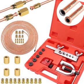 Tnisesm 3/16 Flexible Zinc-Coated Steel Brake Line Kit 25 ft + Copper Aluminum Brake Line Double & Single Flaring Tool Kit,Consisting of 4 Unions Brake Line Fittings and 16 Fittings,45 Degrees, Red