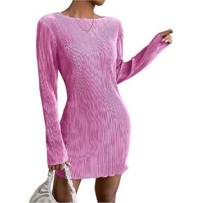 COZYEASE Women's Lettuce Trim Boat Neck Dress Elegant Bodycon Long Sleeve Pencil Mini Dress