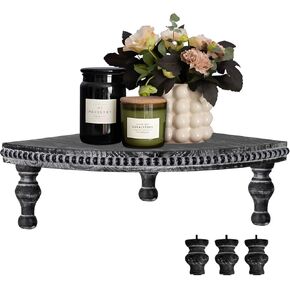 MAONAME Vintage Brown Corner Pedestal Stand Rustic Decor Riser for Display, Farmhouse Wood Corner Counter Shelf with Beaded, Set of 2