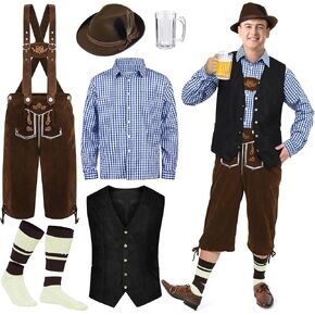 SOMSOC 6 Pack Men's Bavarian Oktoberfest Costume Set Lederhosen with Suspenders Plaid Shirt Alpine Hat Vest for Oktoberfest